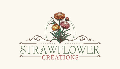 Strawflower Creations logo with three strawflowers coming out of the top and intricate lines surrounding the words